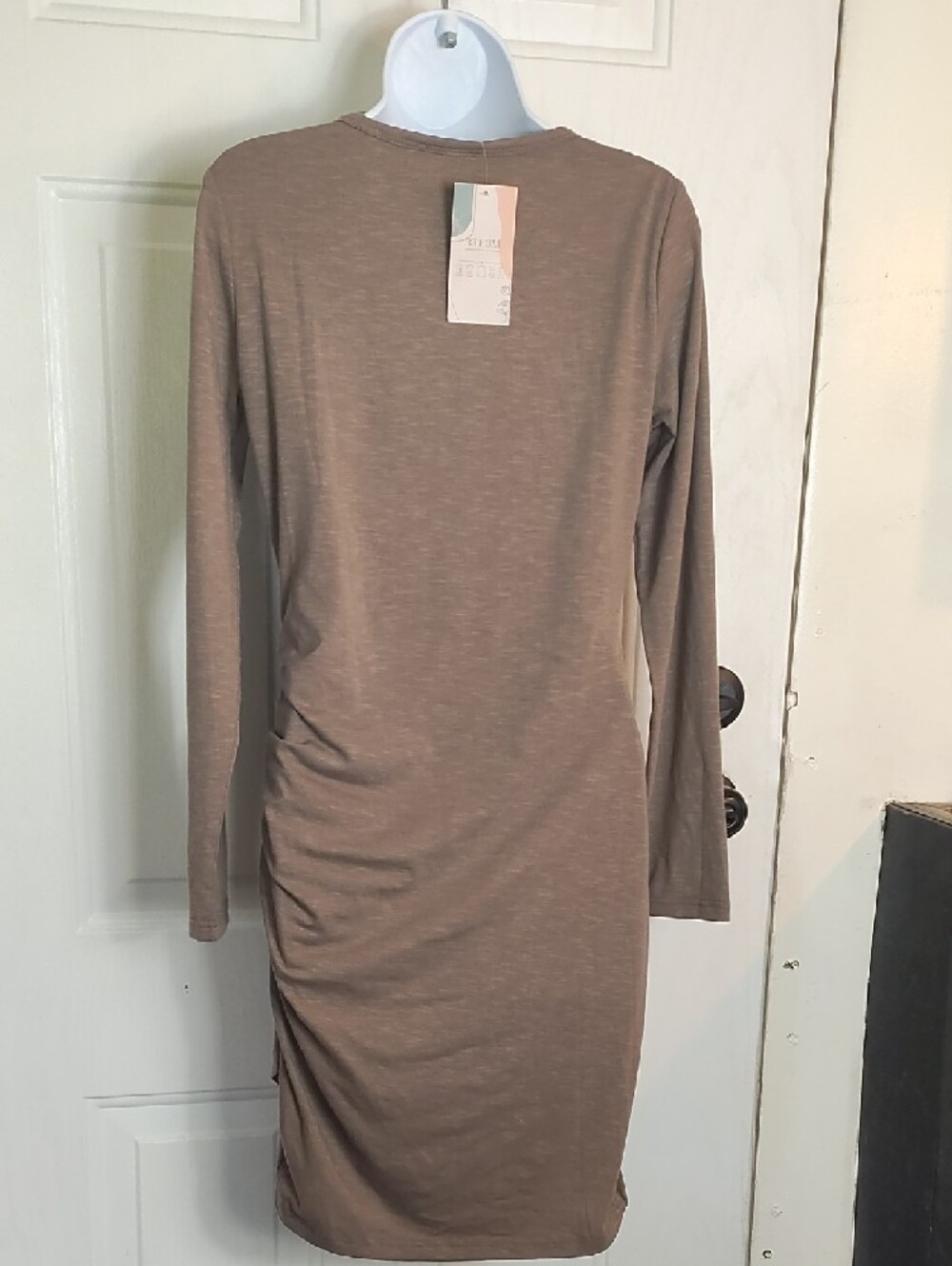 Ruched Long-Sleeve Olive Dress with Overlap Hem - Picture 6 of 13